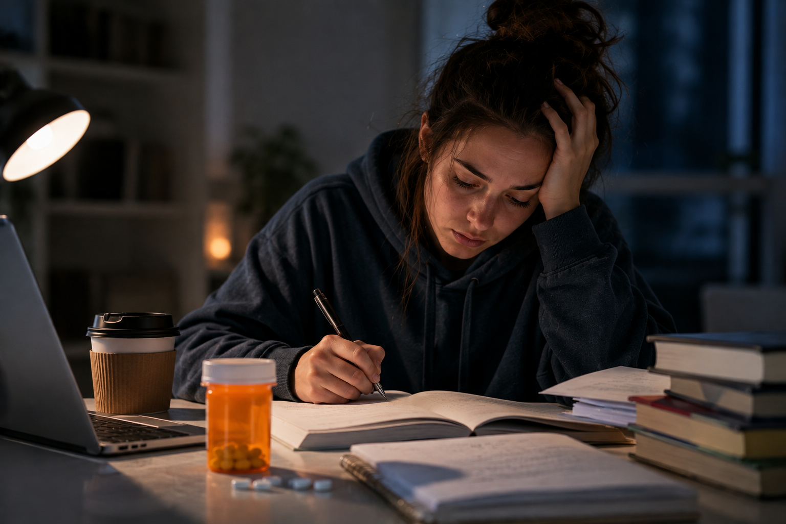 Young adult studying late at night with Adderall prescription bottle, illustrating signs of stimulant misuse and Adderall addiction.