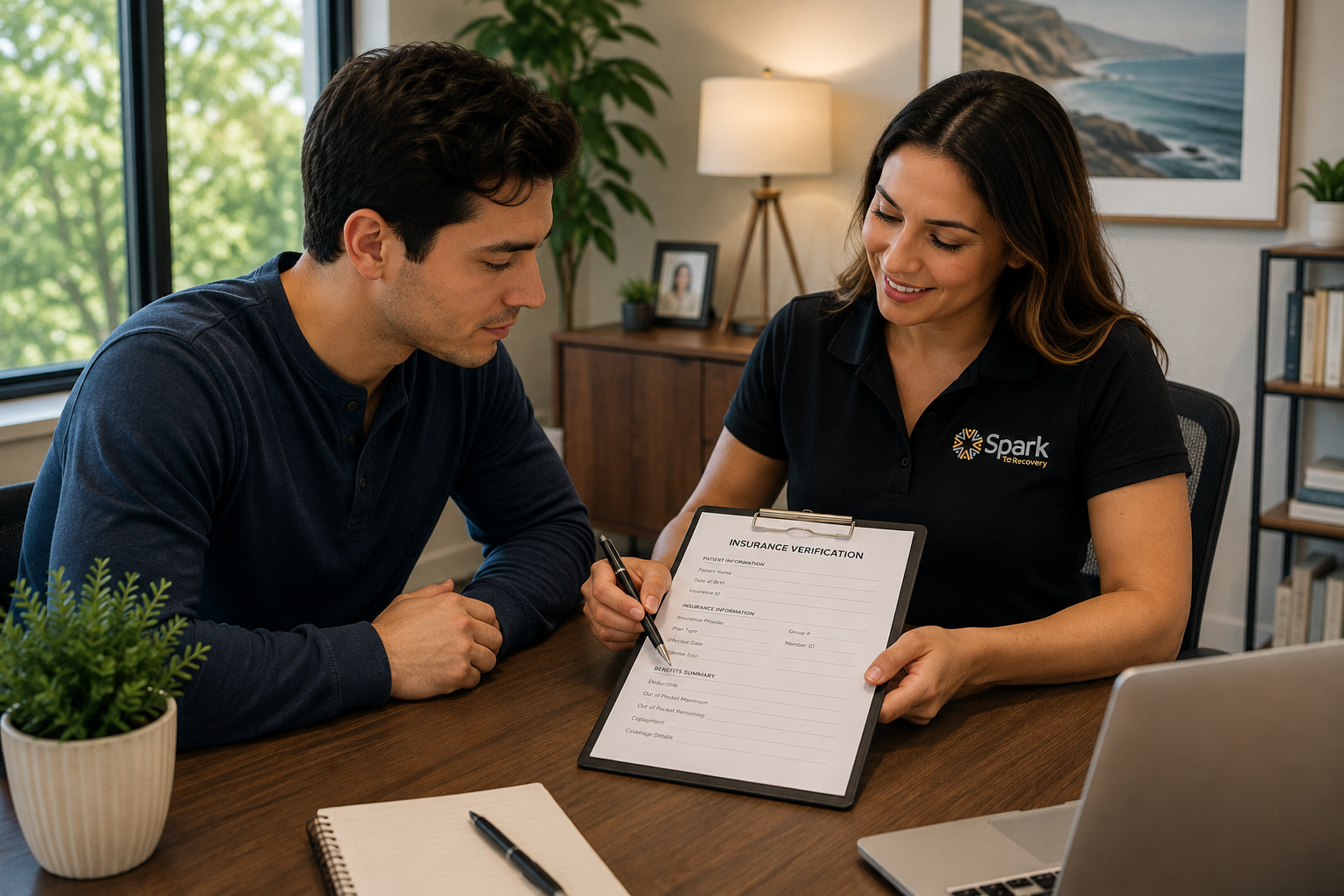 Admissions specialist reviewing insurance verification with a prospective patient at Spark To Recovery in California.