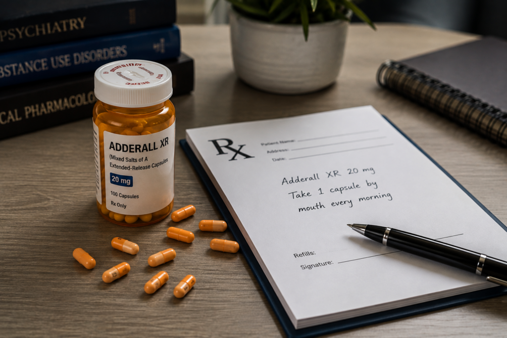 Prescription Adderall bottle next to a doctor’s prescription, representing the difference between prescribed use and stimulant misuse.