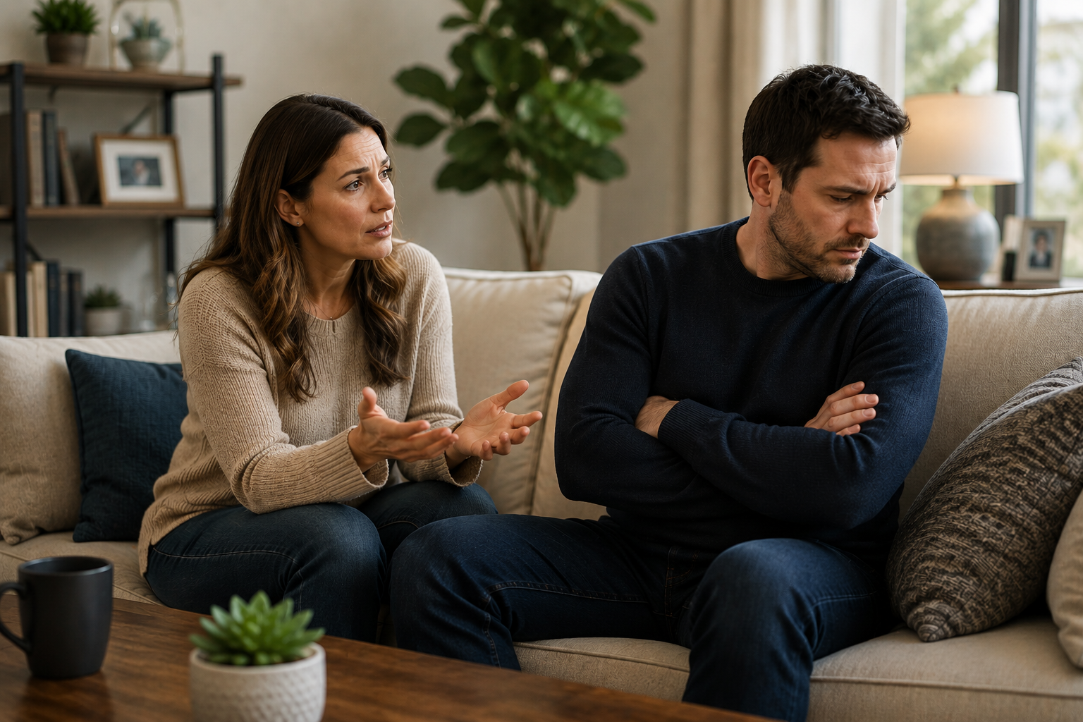 Concerned spouse talking to a loved one in denial about addiction during a serious conversation at home.