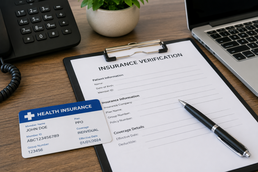 Health insurance card, insurance verification form, clipboard, laptop, and office phone used to verify rehab insurance benefits.