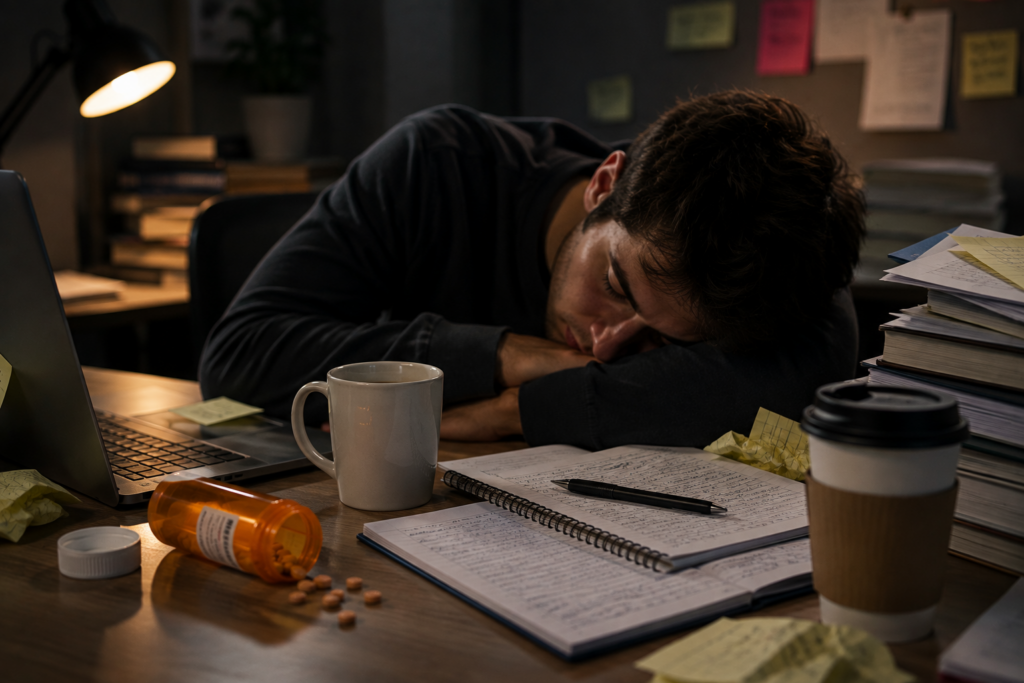 Exhausted student asleep at desk after prolonged Adderall use, illustrating stimulant crash and dependence.