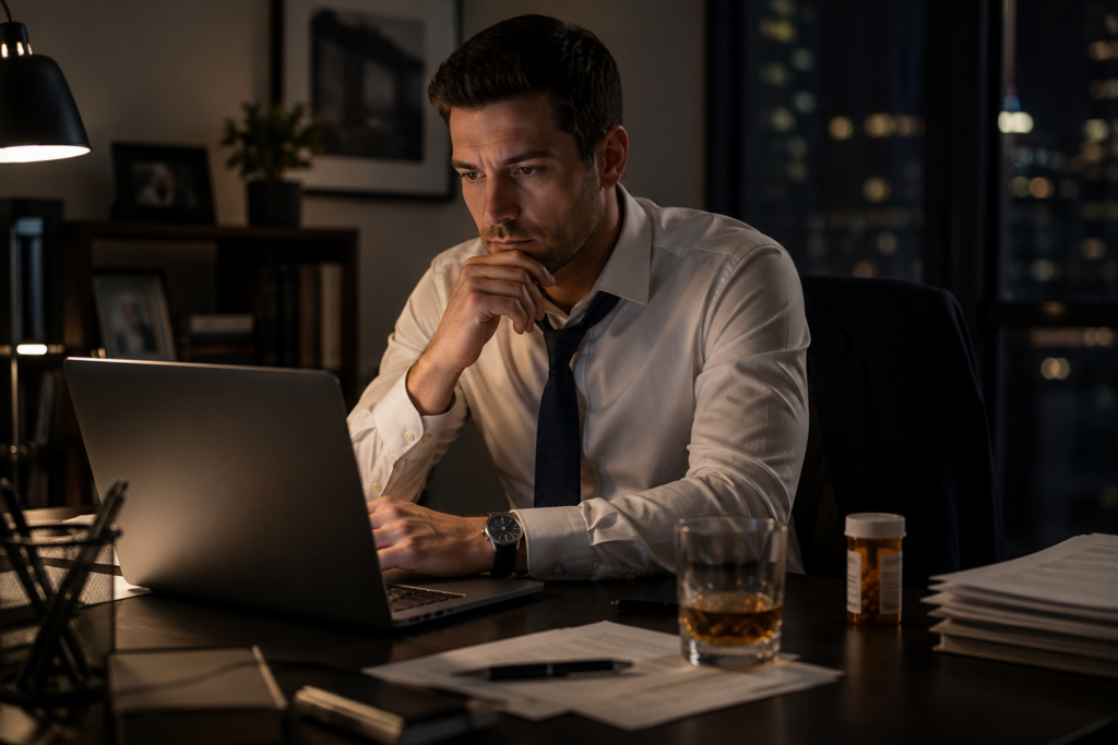 Successful professional working late at night with alcohol and prescription medication on the desk, representing hidden addiction.