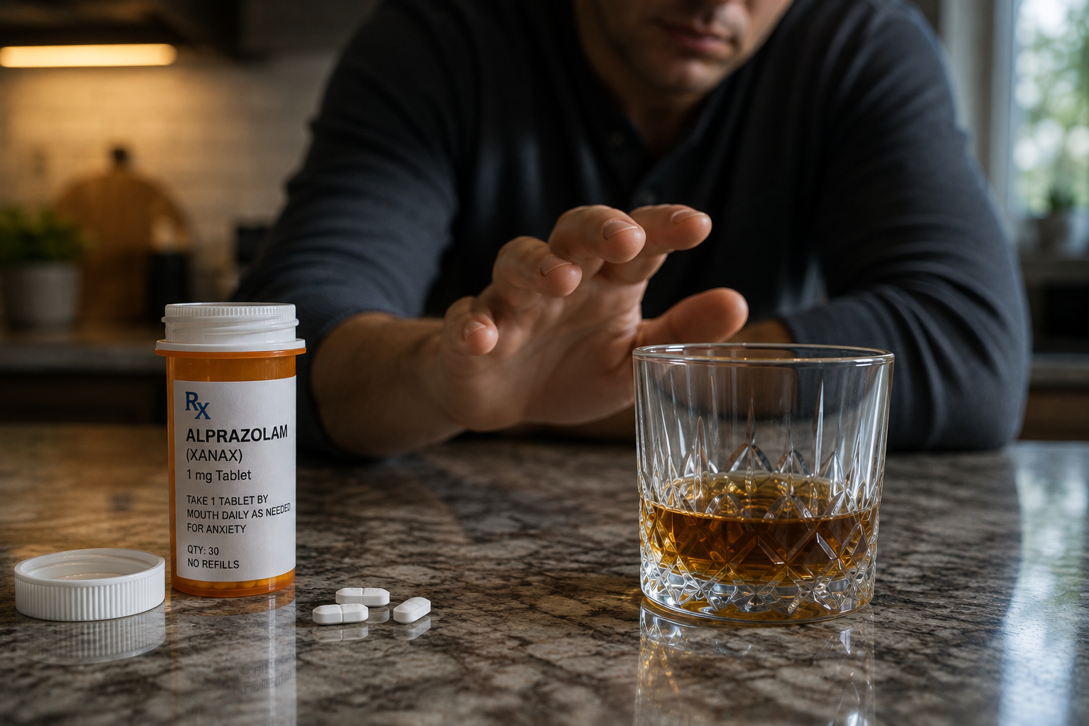 Prescription Xanax bottle beside a glass of alcohol on a kitchen counter as a person hesitates before mixing the two.
