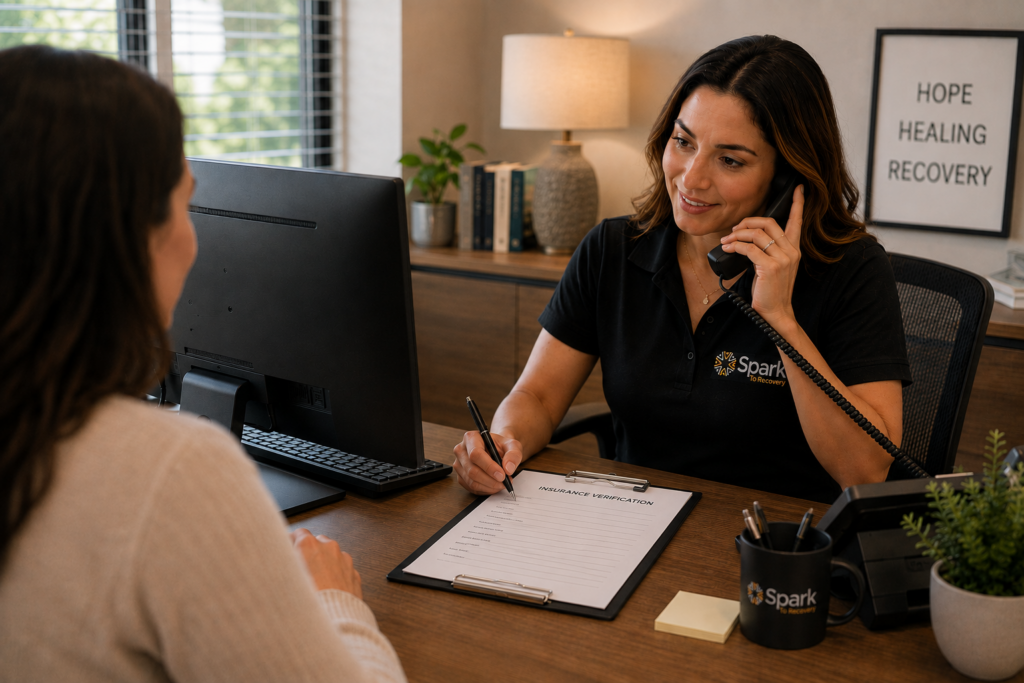 Admissions coordinator reviewing rehab insurance benefits while speaking with a family member by phone.