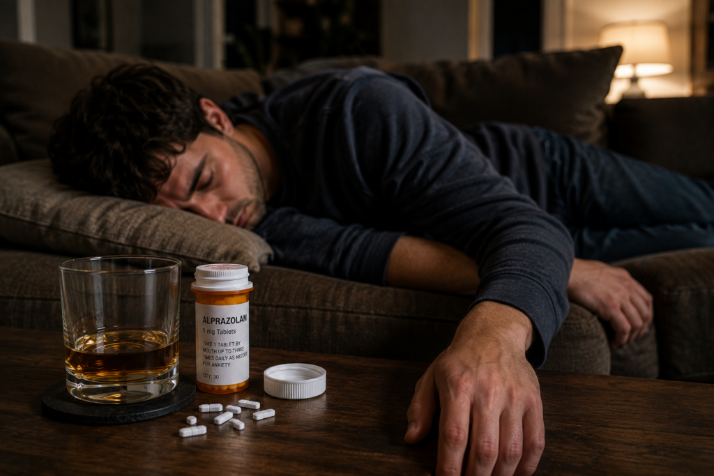 Person asleep on a living room couch after mixing Xanax and alcohol, showing signs of excessive sedation.