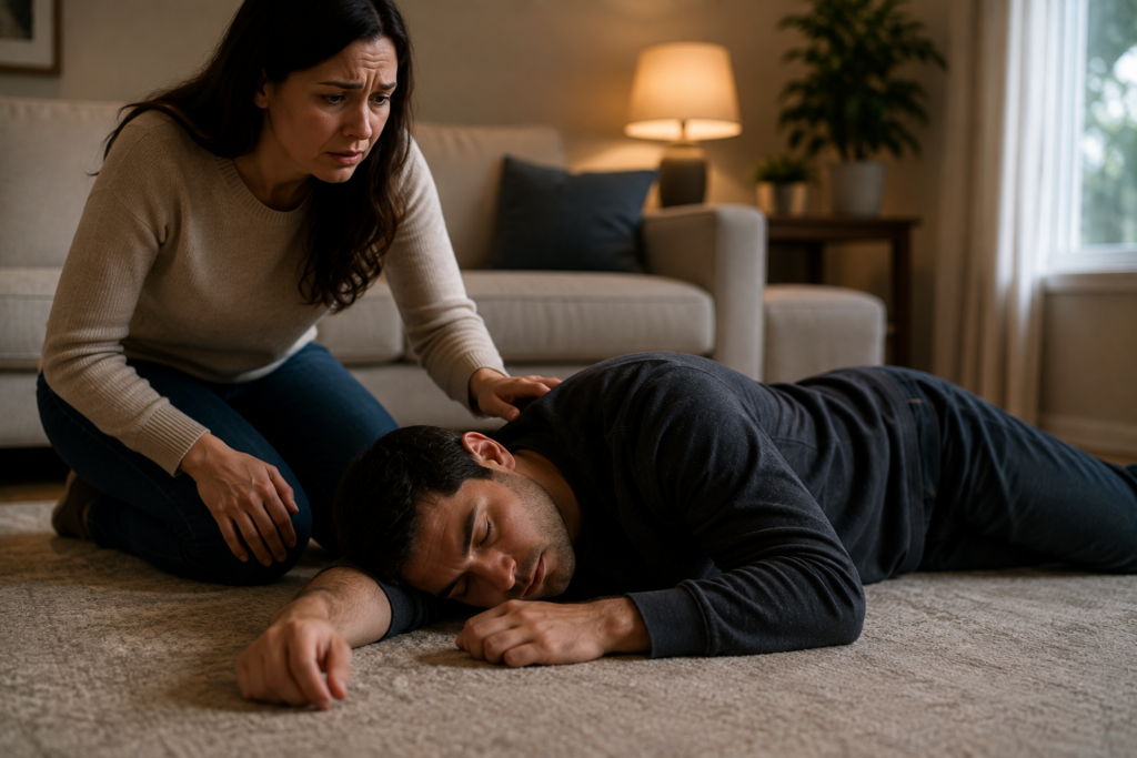 Concerned family member sitting beside a loved one recovering after a dangerous reaction to Xanax and alcohol.