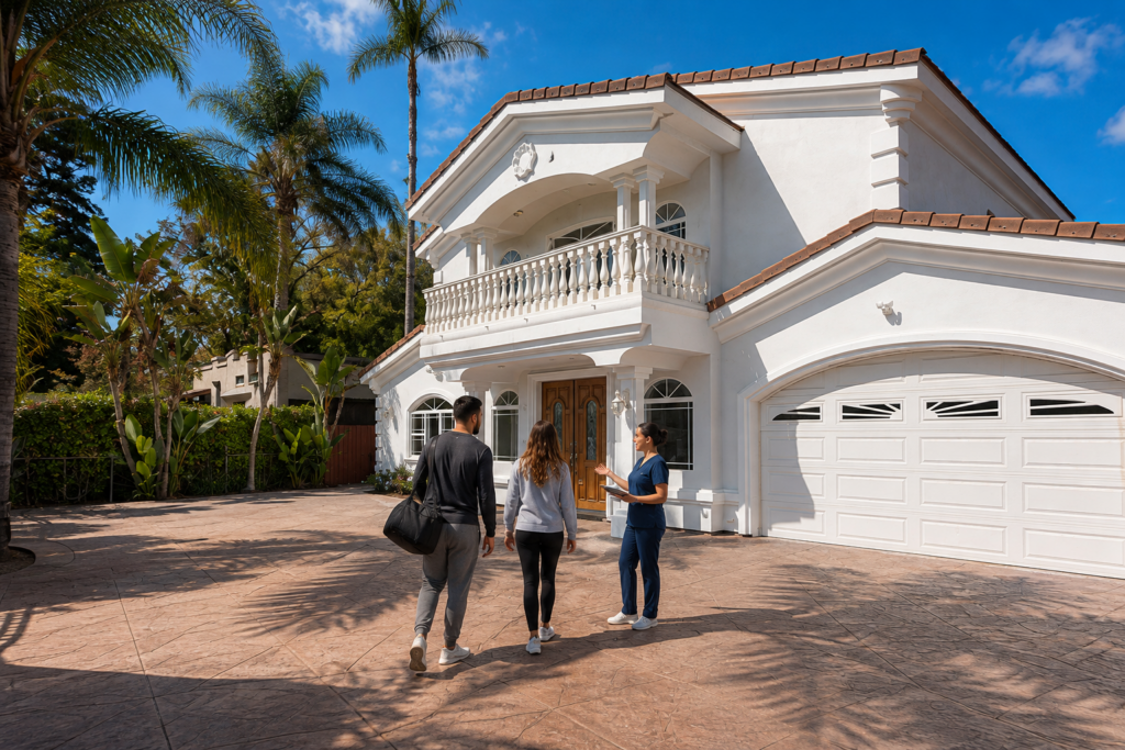 Patient arriving at an upscale California rehab facility to begin addiction treatment and recovery.