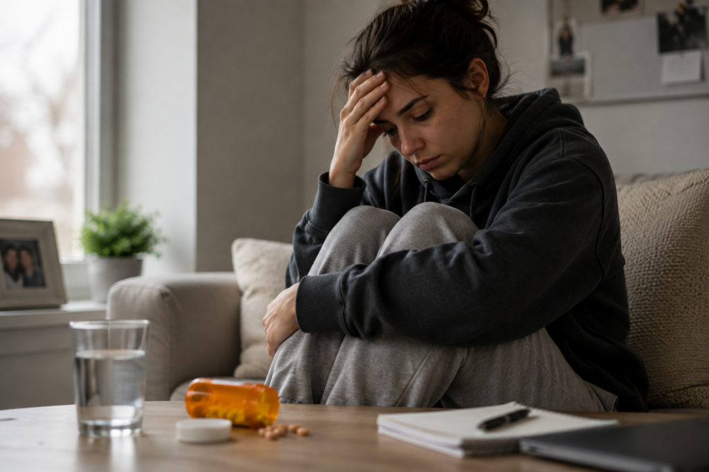 Person experiencing emotional distress with prescription medication nearby, representing Adderall dependence and withdrawal symptoms.