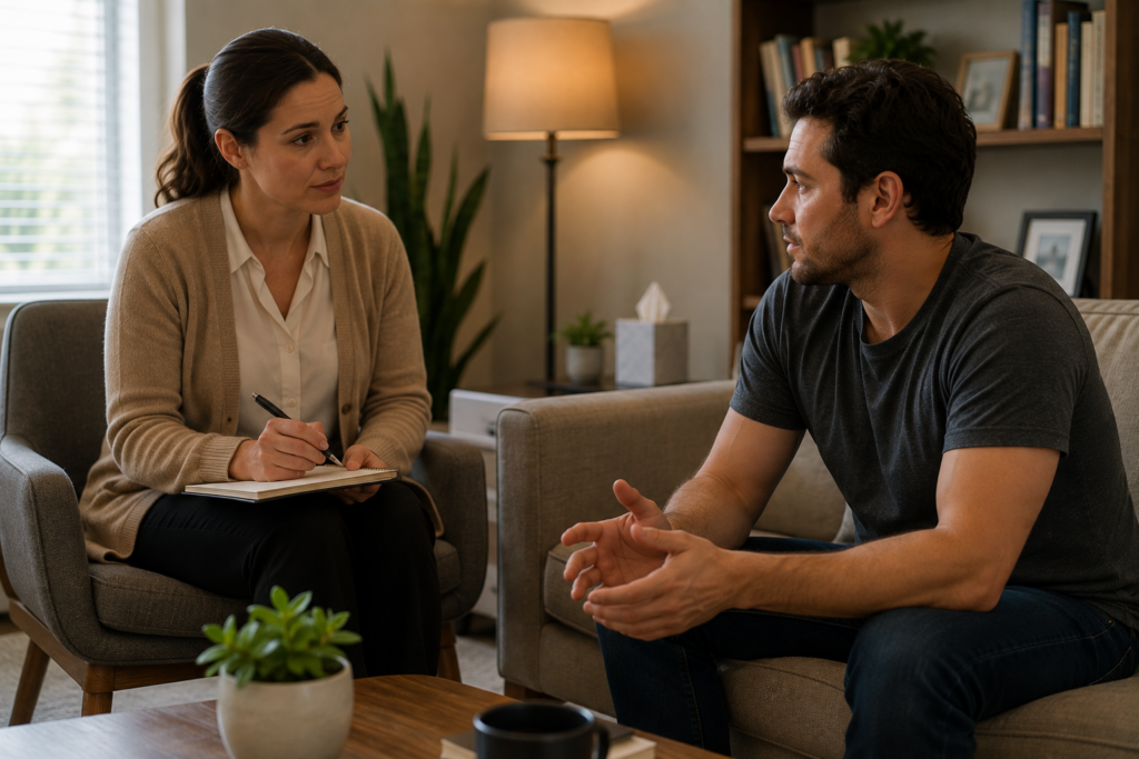 Nurse caring for a patient in a comfortable medical detox room during supervised withdrawal.