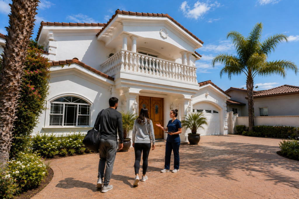 Prospective patient arriving at a California addiction treatment center with an admissions staff member.
