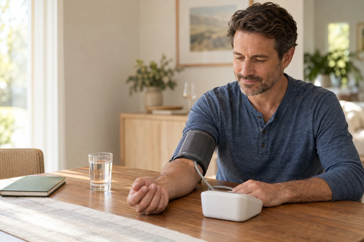 Man using a home blood pressure monitor while considering the effects of alcohol