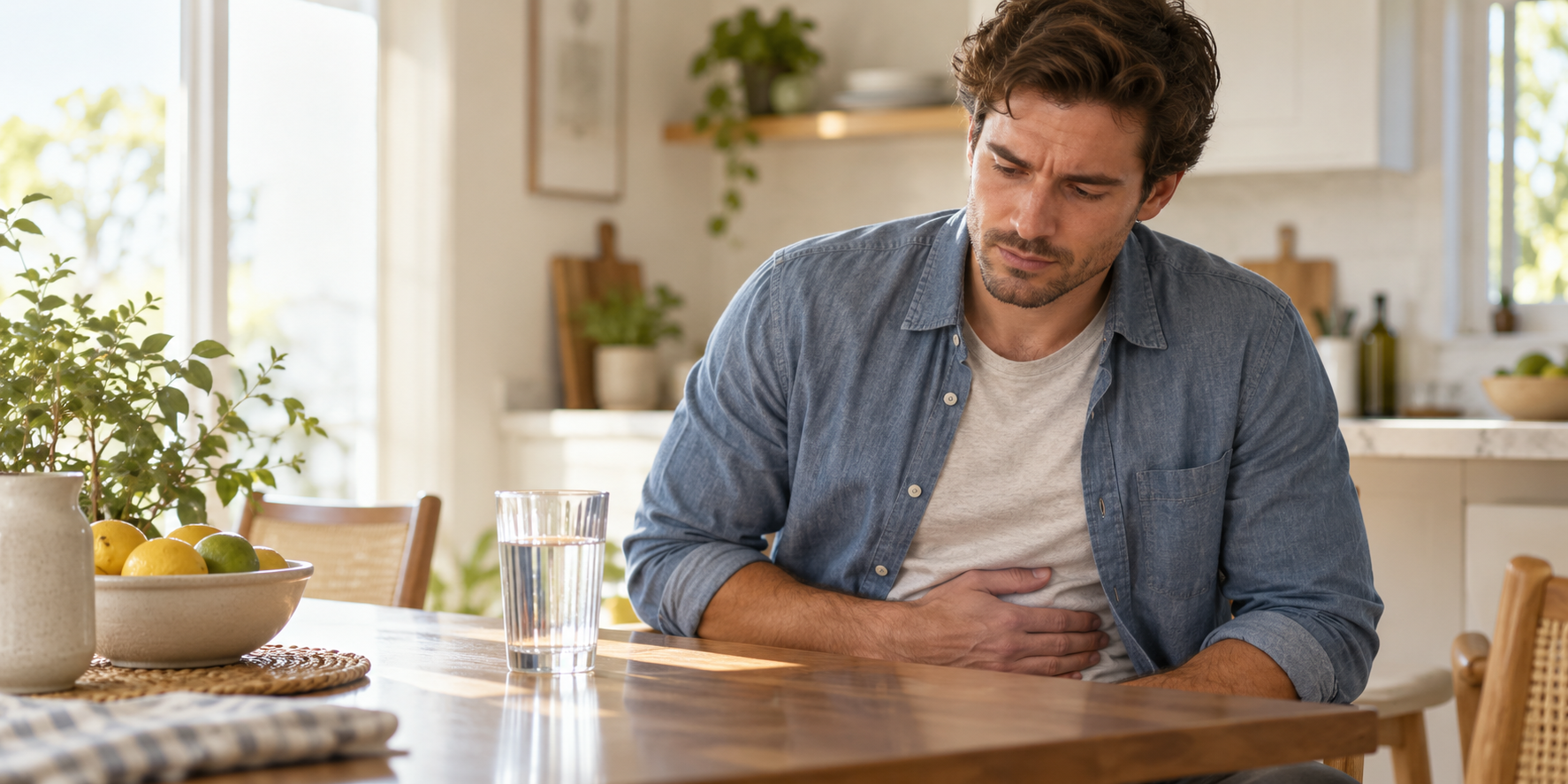 Man experiencing stomach discomfort with a glass of water after drinking alcohol