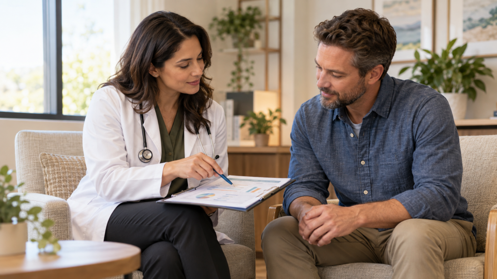 Healthcare professional discussing alcohol and cholesterol test results with a patient