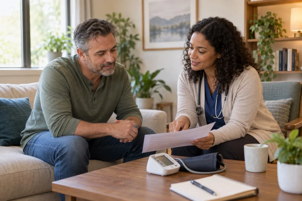 Healthcare professional discussing alcohol use and blood pressure with a patient