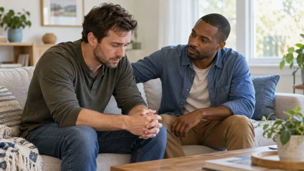 Supportive friend helping a man experiencing hangxiety after drinking