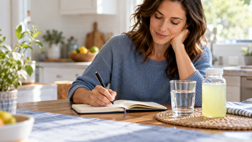 Woman tracking digestive symptoms and hydration after alcohol-related diarrhea