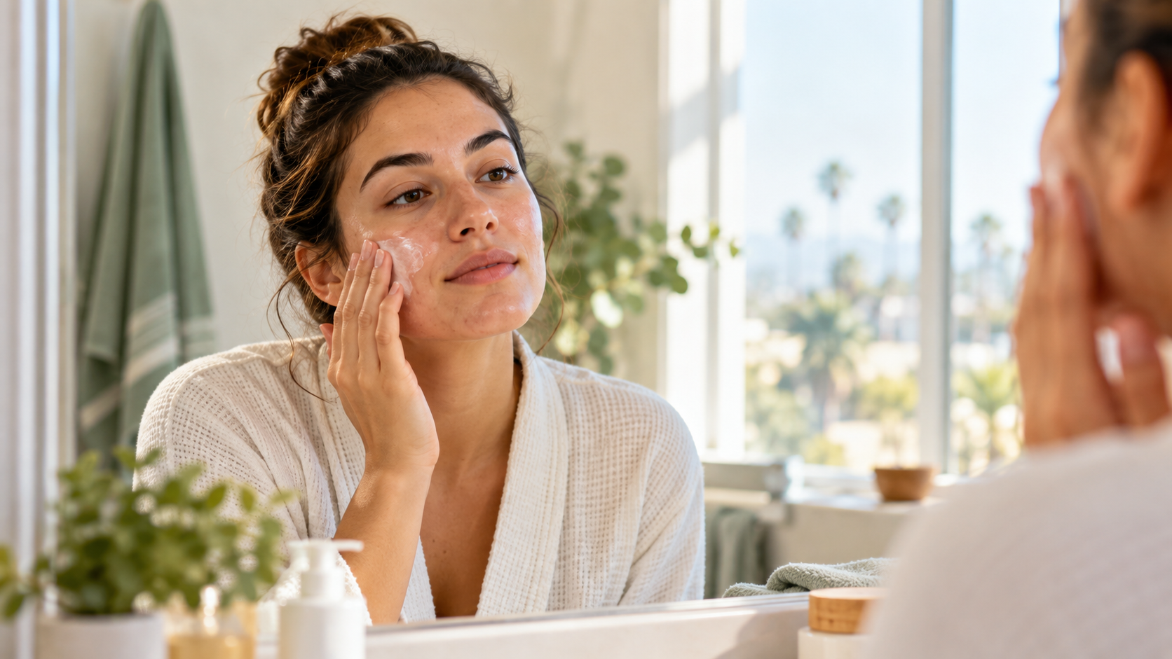 Woman examining mild acne while following a gentle morning skin care routine