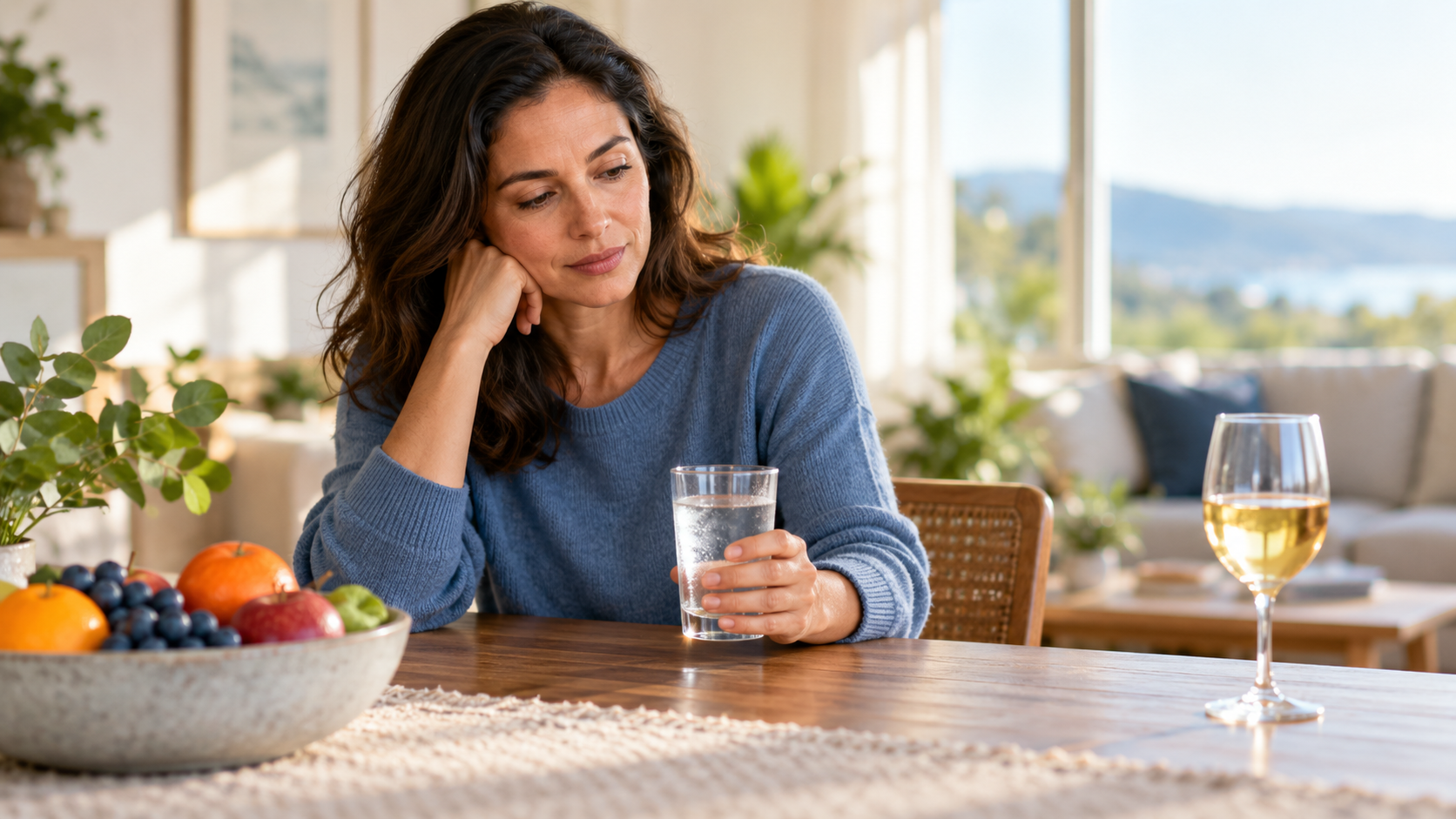 Woman considering the connection between alcohol and inflammation while choosing water