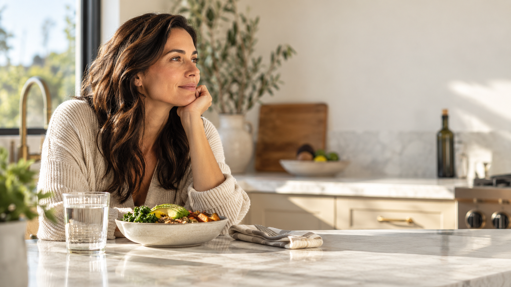 Adult considering healthier choices beside a balanced meal and water