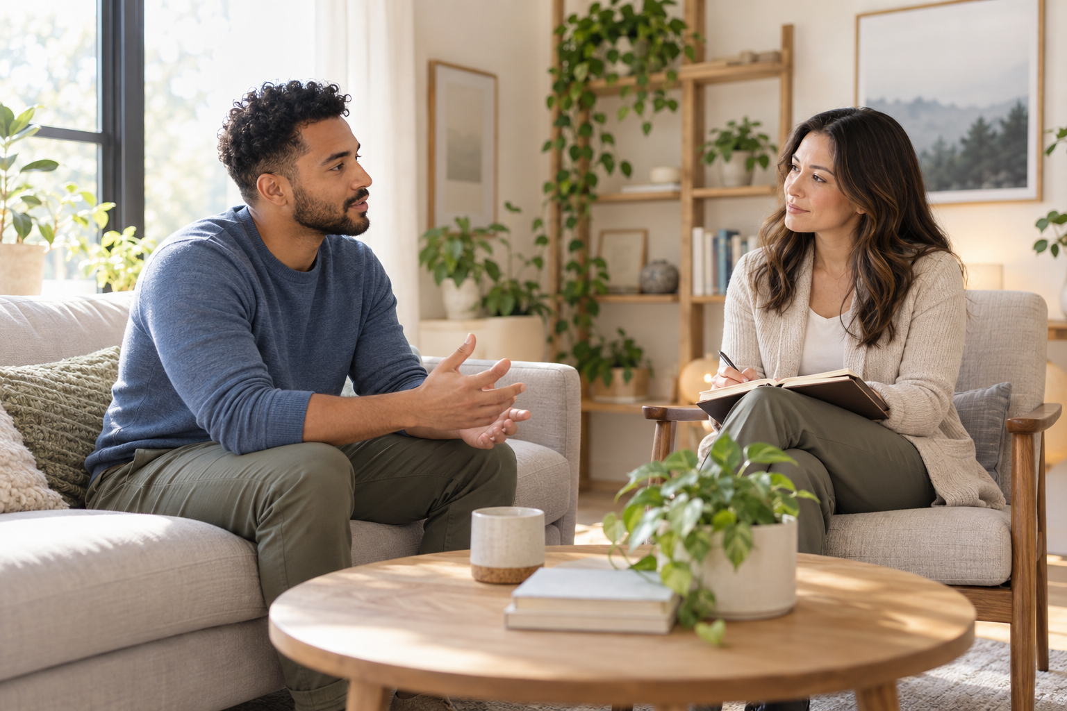 Adult speaking with a counselor about OCD and addiction