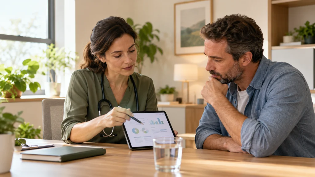 Healthcare professional reviewing anemia test information with an adult patient